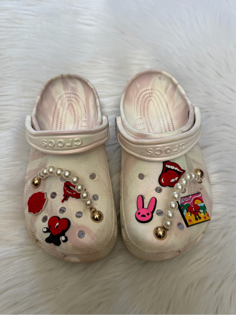 White/Pink Crocs w/Bad Bunny inspired Embellishments Sz 6
